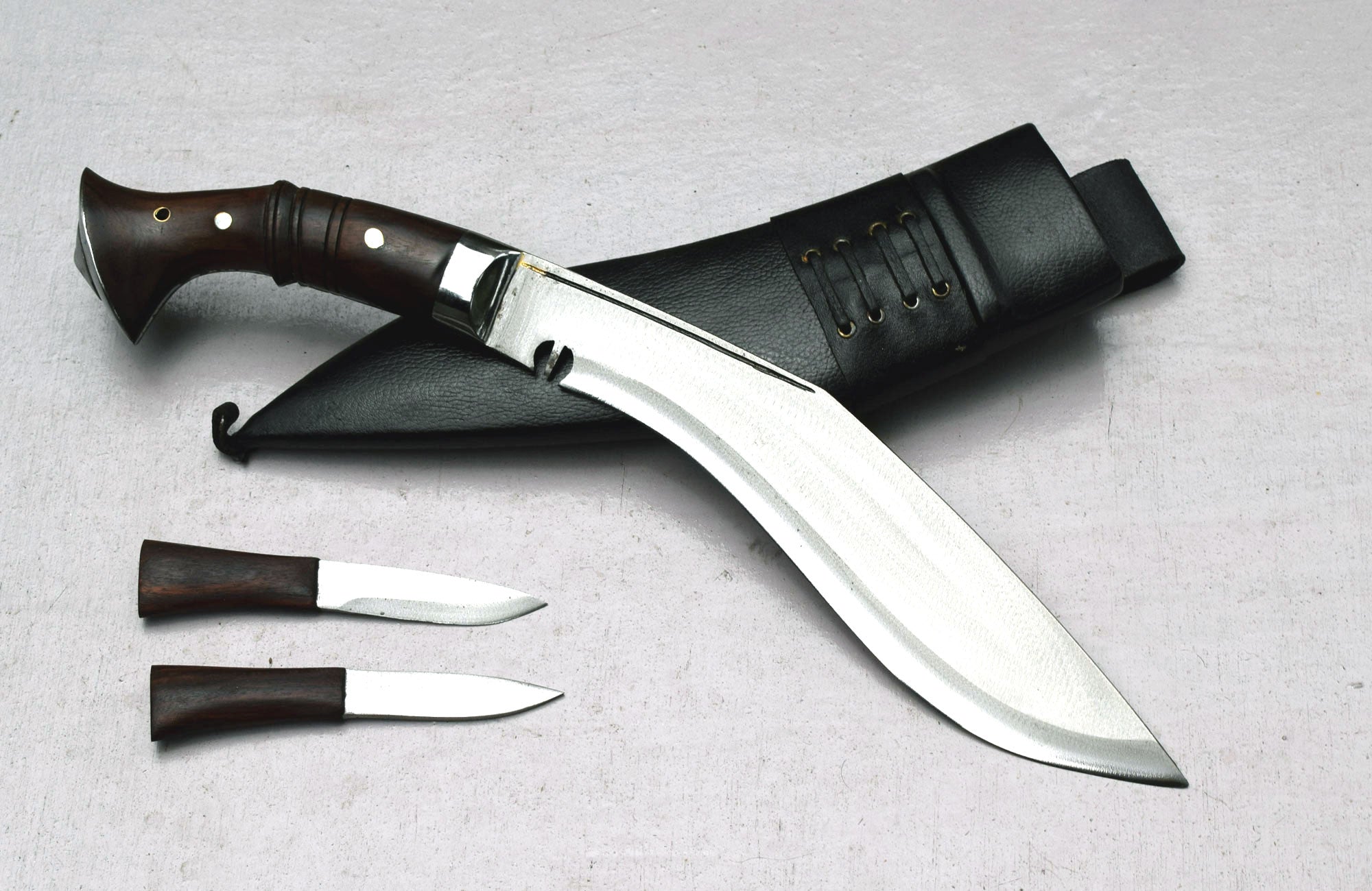 Handmade Nepalese Heancy Kukri Knife 10 inch full tang with rosewood handle, black leather sheath, Karda and Chakmak – Grace Kukri House