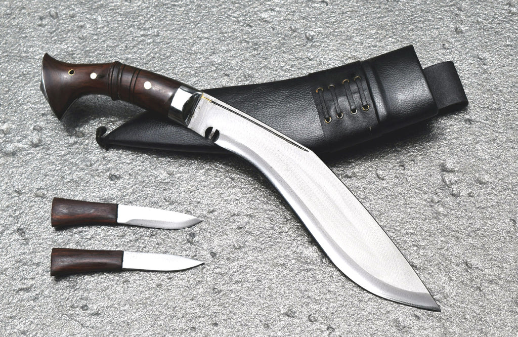 10 inch Heancy Kukri full tang blade with rosewood handle and black leather scabbard with Karda Chakmak set – Grace Kukri House
