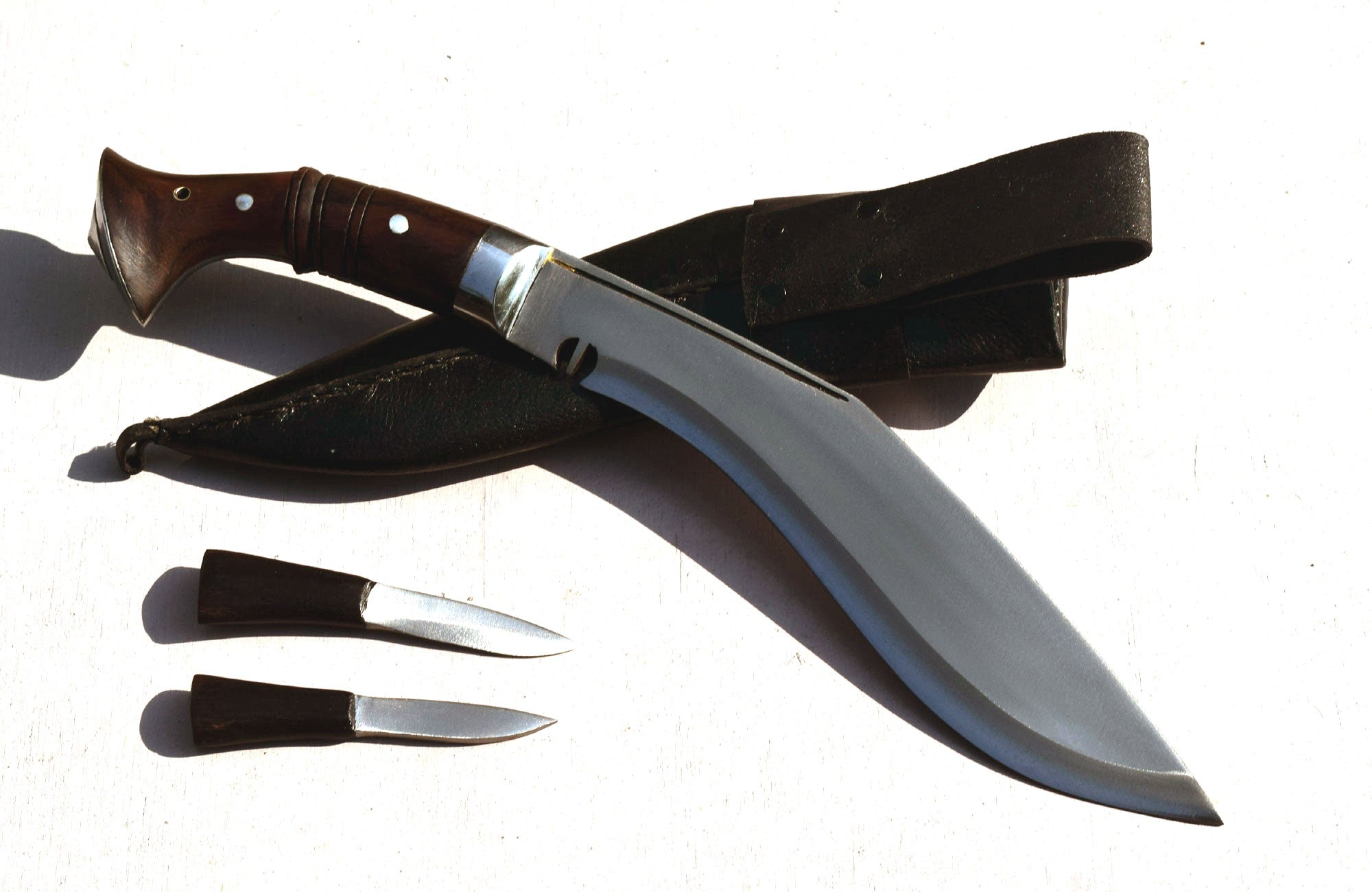 10 inch Heancy Kukri handmade full tang with rosewood handle, black leather scabbard and Karda Chakmak utility knives – Grace Kukri House
