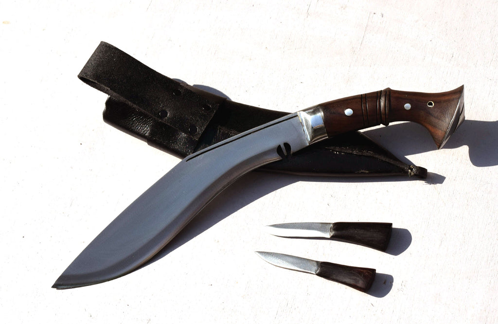 Nepalese Heancy Kukri 10 inch full tang blade with rosewood handle, black leather sheath and Karda Chakmak set – Grace Kukri House