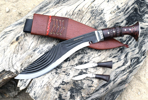 Fancy Full Tang Kukri Knife – 12.5" Blade with Brown Sheath