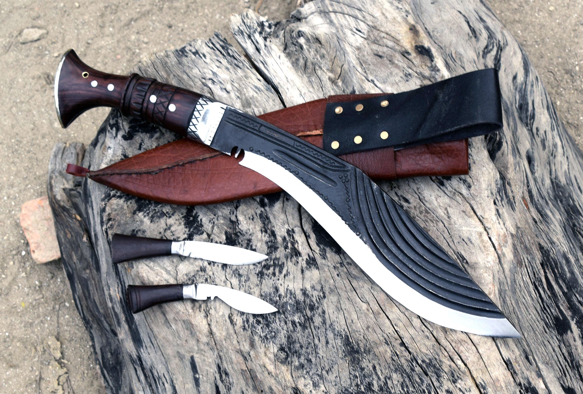 Fancy Full Tang Kukri Knife – 12.5" Blade with Brown Sheath