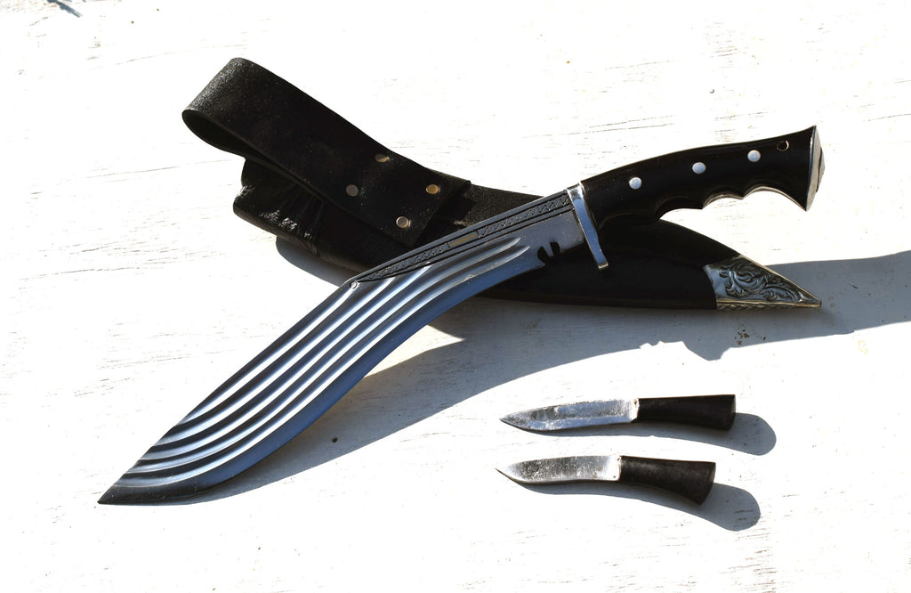 Panchira Full Tang Kukri Knife – 12" Blade, Buffalo Horn Handle & Black Sheath | Handmade in Nepal
