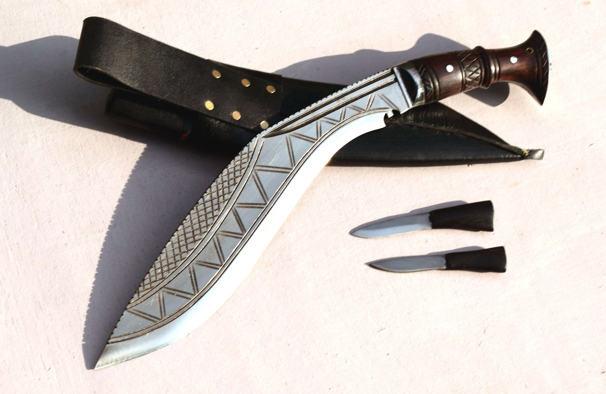 Authentic Gurkha Bhojpure Kukri knife rosewood handle black leather sheath handmade in Kathmandu