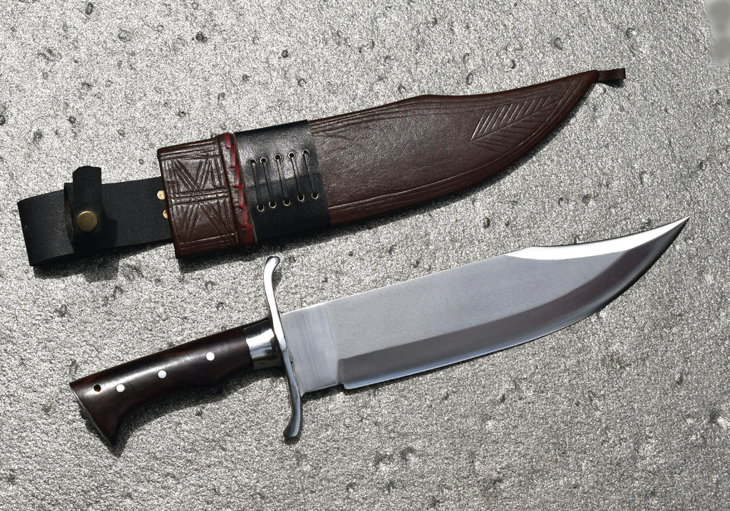 Full tang Bowie knife blade close-up showing semi-polished 5160 carbon steel finish