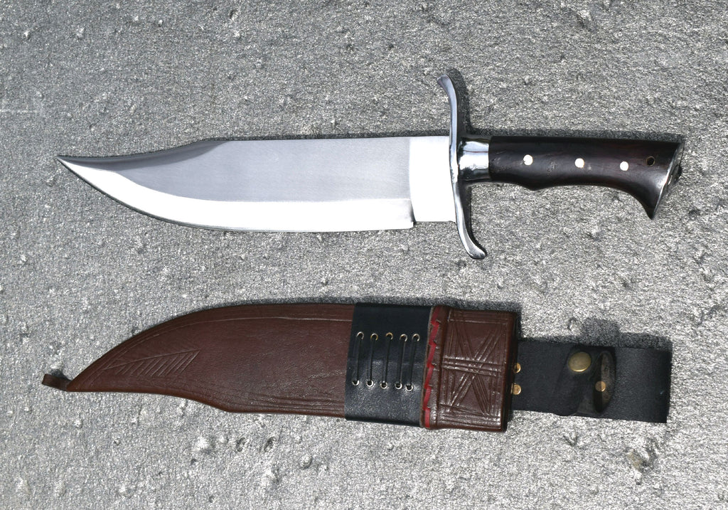 GKH-054 handmade Bowie knife and brown buffalo leather sheath with red lacing, made in Nepal