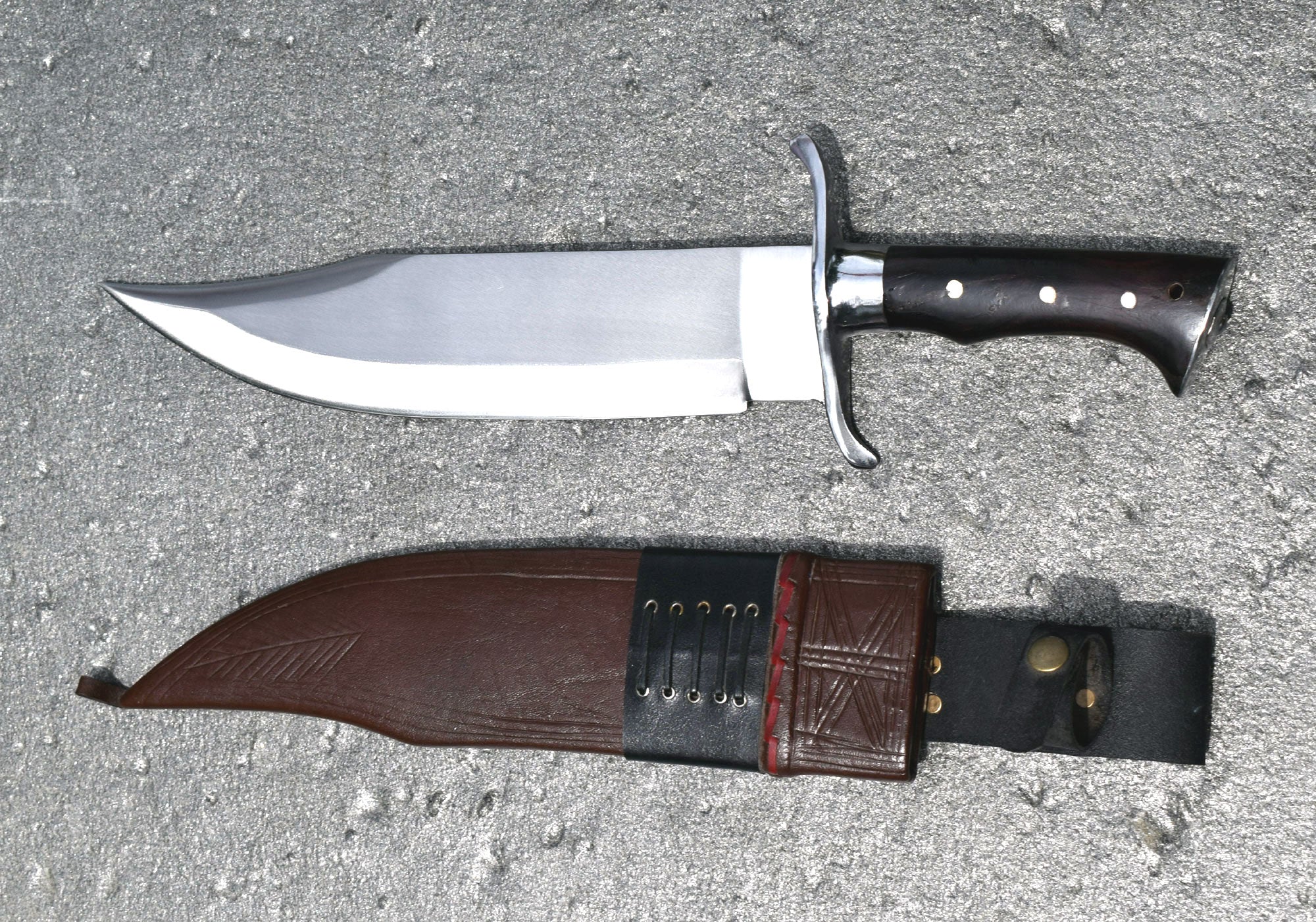 GKH-054 handmade Bowie knife and brown buffalo leather sheath with red lacing, made in Nepal