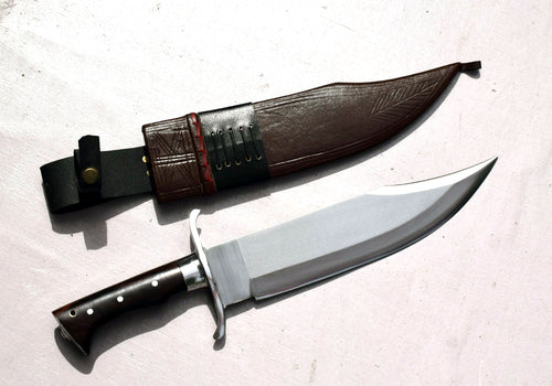 Handmade 13 inch Bowie knife with full tang rosewood handle and brown buffalo leather sheath, made in Nepal by Grace Kukri House