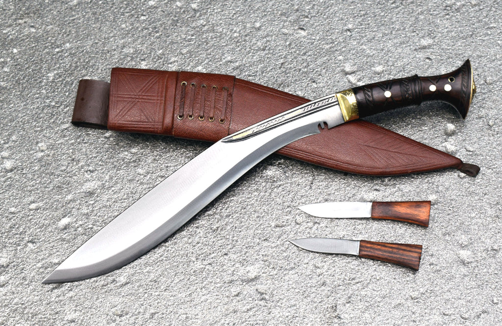 Handmade Nepalese Traditional Kukri Knife – Sirupate Full Tang – 13" Blade – 5" Handle – Brown Sheath