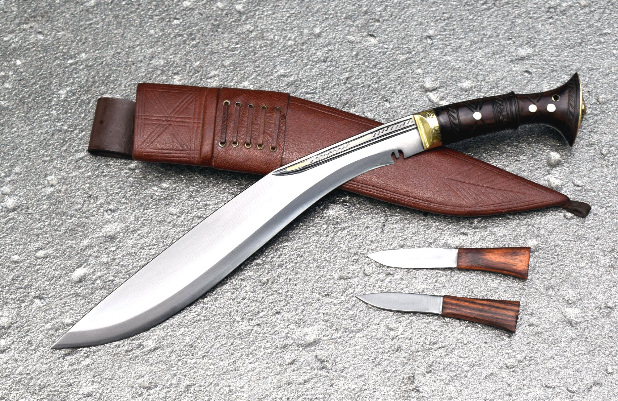 Handmade Nepalese Traditional Kukri Knife – Sirupate Full Tang – 13" Blade – 5" Handle – Brown Sheath