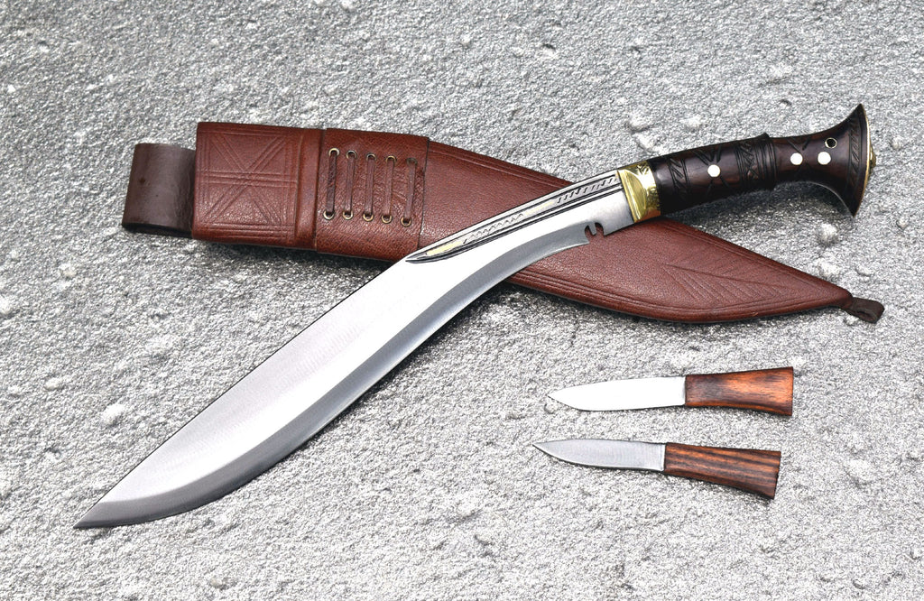 Handmade Nepalese Traditional Kukri Knife – Sirupate Full Tang – 13" Blade – 5" Handle – Brown Sheath
