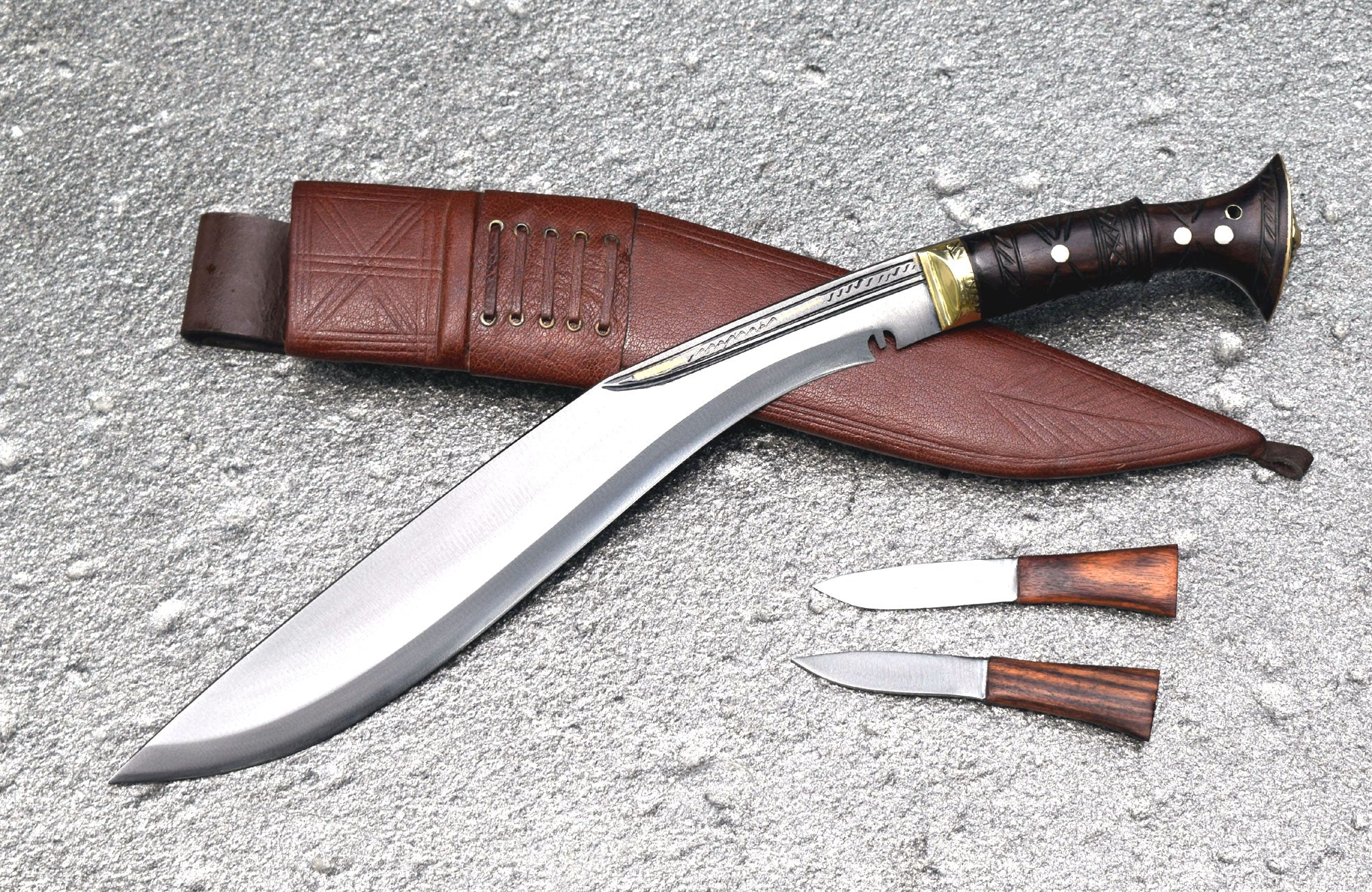 Handmade Nepalese Traditional Kukri Knife – Sirupate Full Tang – 13" Blade – 5" Handle – Brown Sheath