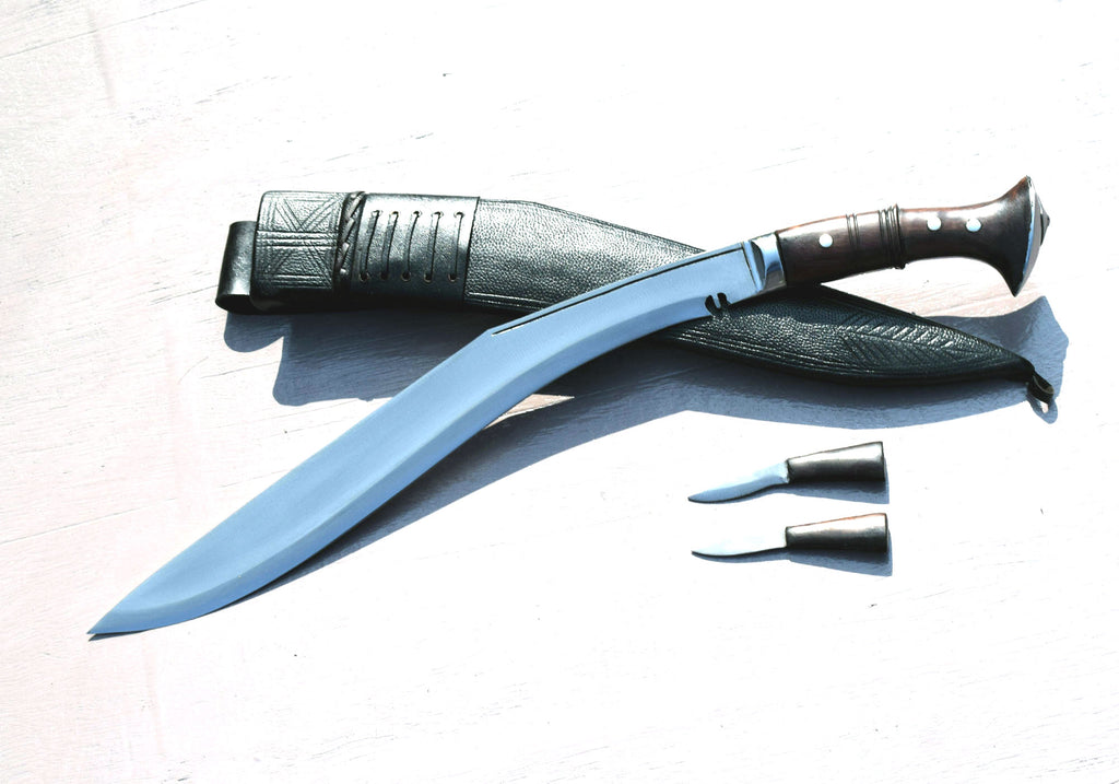 Sirupate kukri knife side view showing full tang rosewood handle and semi-polished 5160 carbon steel blade