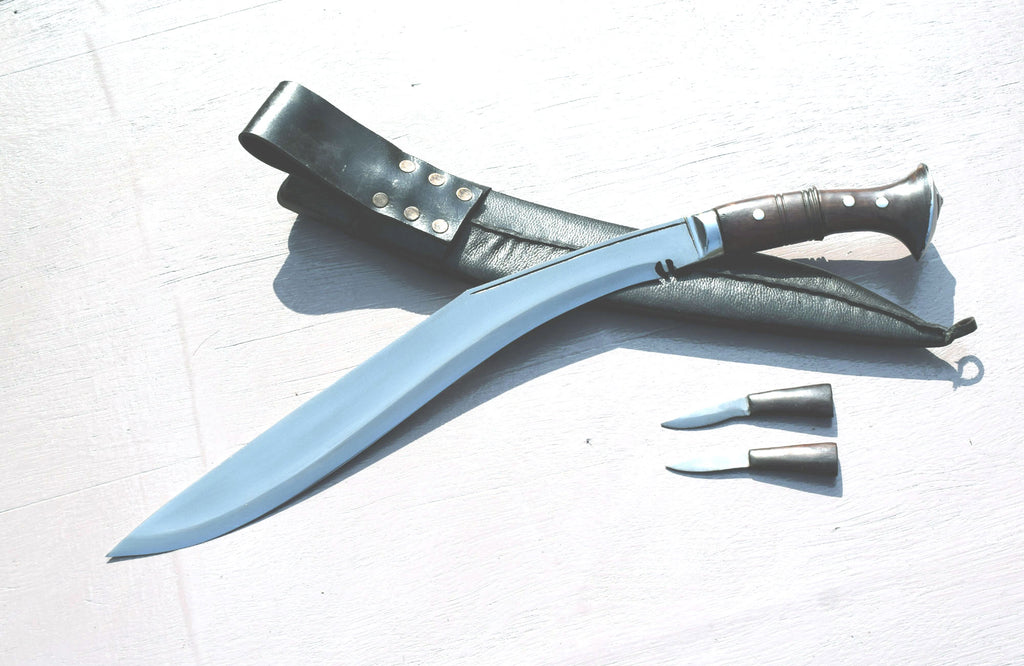 Grace Kukri House Sirupate full tang kukri knife top view with black cottonwood leather sheath