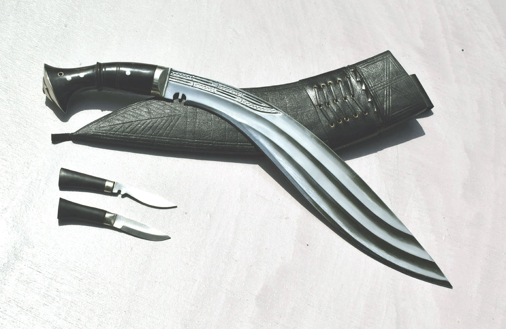 Traditional Nepalese military khukuri knife with black leather sheath