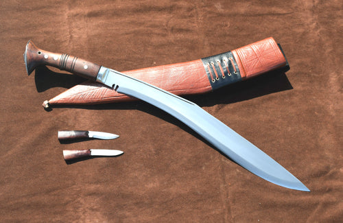 Sirupate Kukri full tang blade close-up with rosewood handle and brown leather sheath – Grace Kukri House