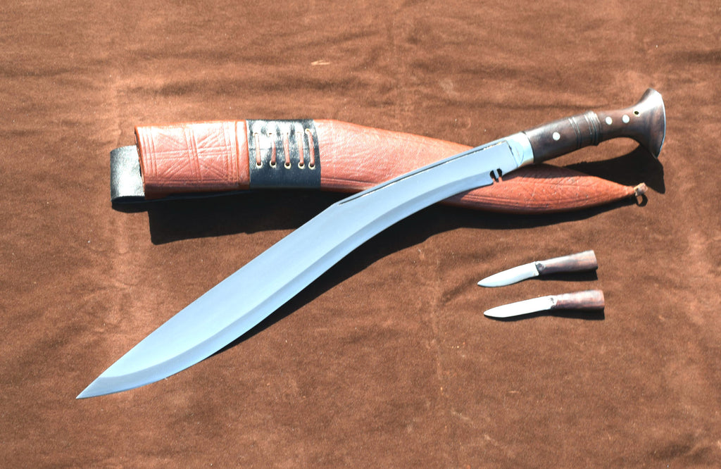 Sirupate Kukri knife angled view showing full tang blade, rosewood handle, brown sheath, and karda knives – Grace Kukri House