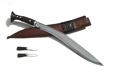 Handmade Sirupate Kukri knife with full tang blade, dark handle, brown leather sheath, and two karda utility knives – Grace Kukri House