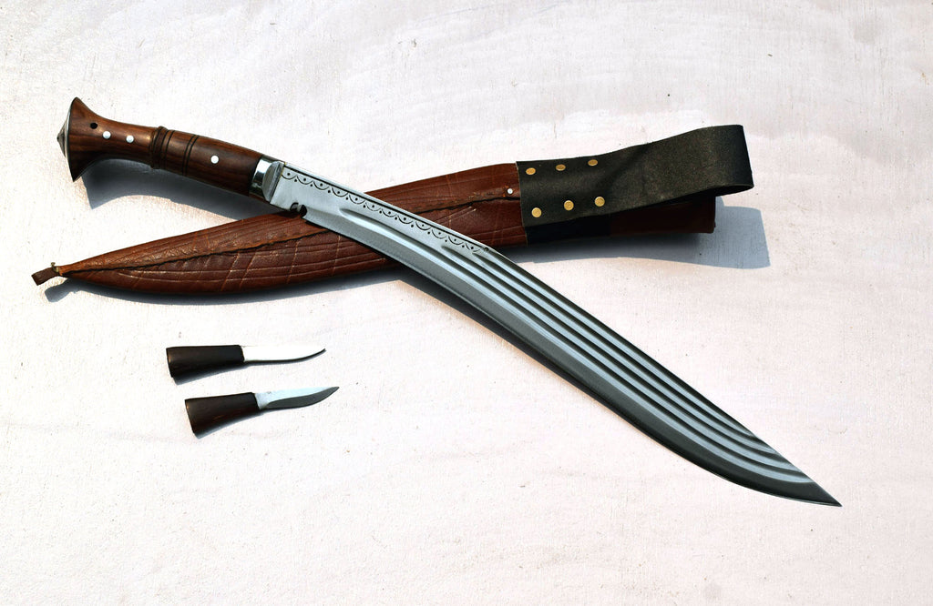 18 inch Sirupate Kukri full tang with rosewood handle, black leather sheath with brass rivets and Karda Chakmak – Grace Kukri House