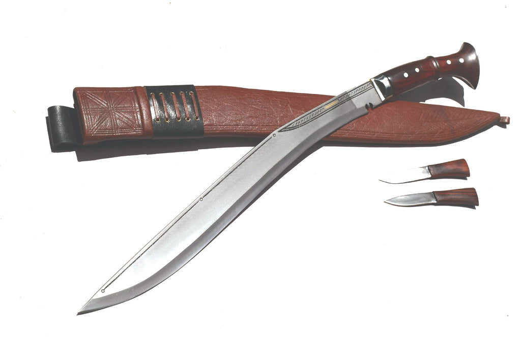 "Handmade Sirupate Kukri Knife 18.5 inch with rosewood handle, brown leather sheath,