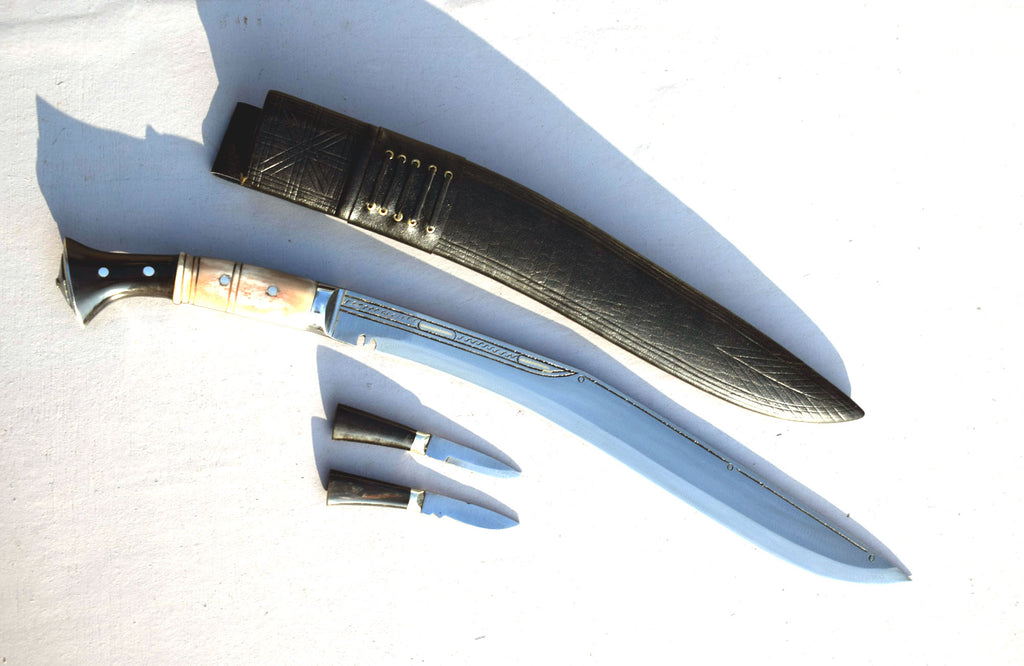 Handmade Nepalese - Traditional Kukri Knife – Sirupate Full Tang-18.5" Blade-Buffalo Horn & Bone Joined Handle - Black Sheath.