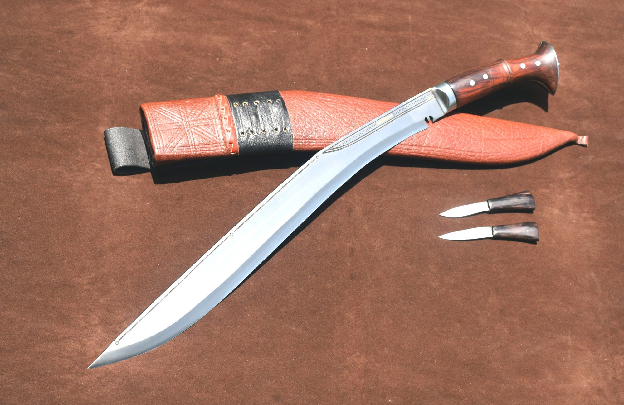 Handmade Nepalese Kukri Knife with brown leather sheath – top view – Grace Kukri House