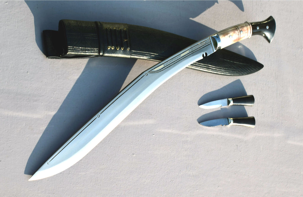 Handmade Nepalese - Traditional Kukri Knife – Sirupate Full Tang-18.5" Blade-Buffalo Horn & Bone Joined Handle - Black Sheath.
