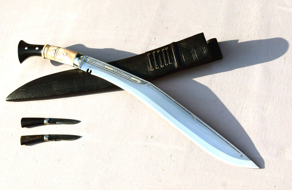 Handmade Nepalese - Traditional Kukri Knife – Sirupate Full Tang-18.5" Blade-Buffalo Horn & Bone Joined Handle - Black Sheath.