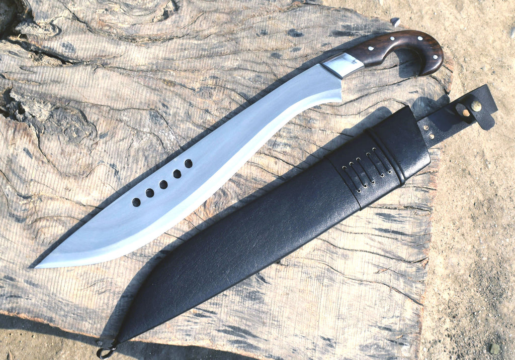 Nepali Kukri Machete 18 inch blade close-up with wooden handle and black sheath