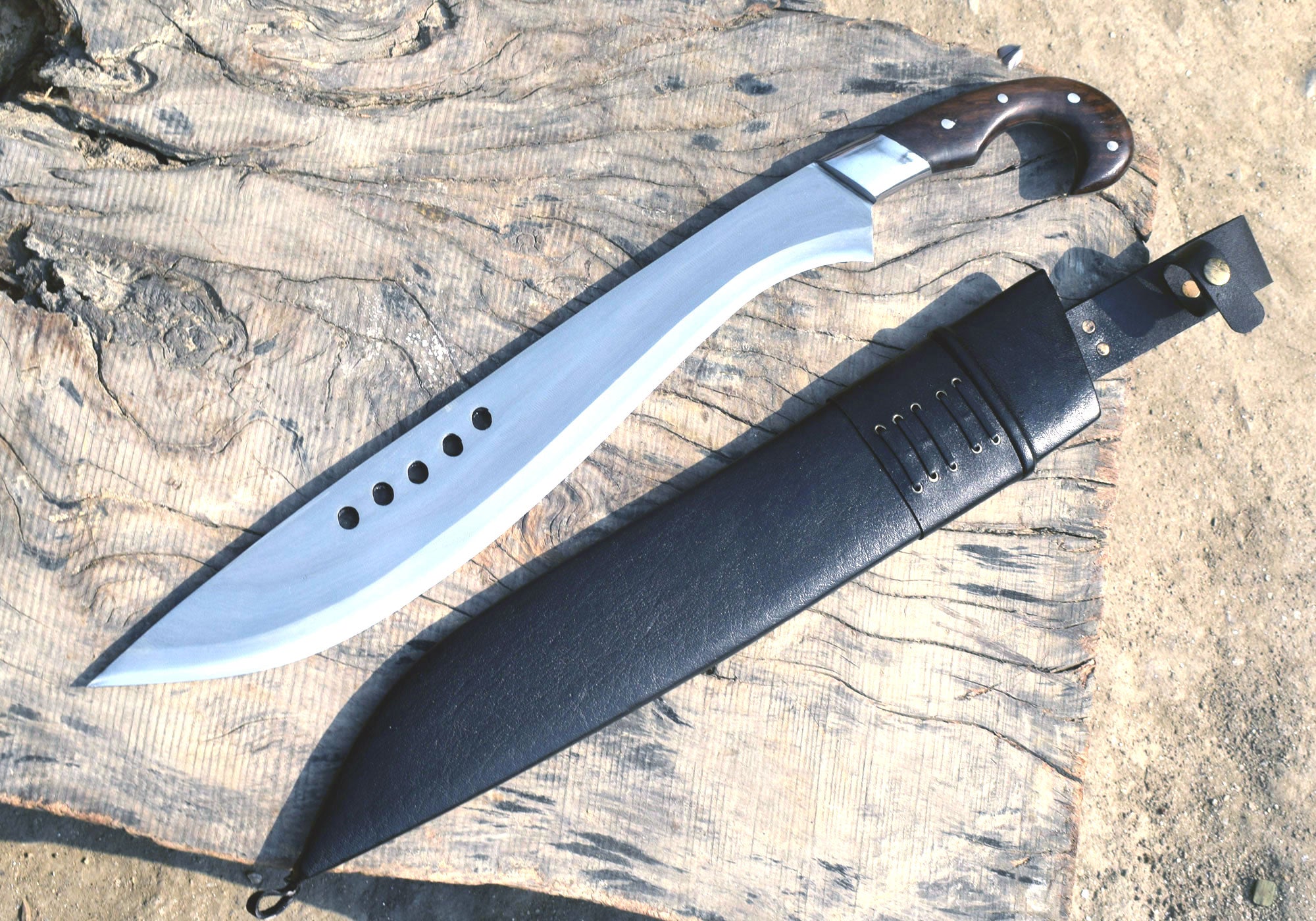Nepali Kukri Machete 18 inch blade close-up with wooden handle and black sheath
