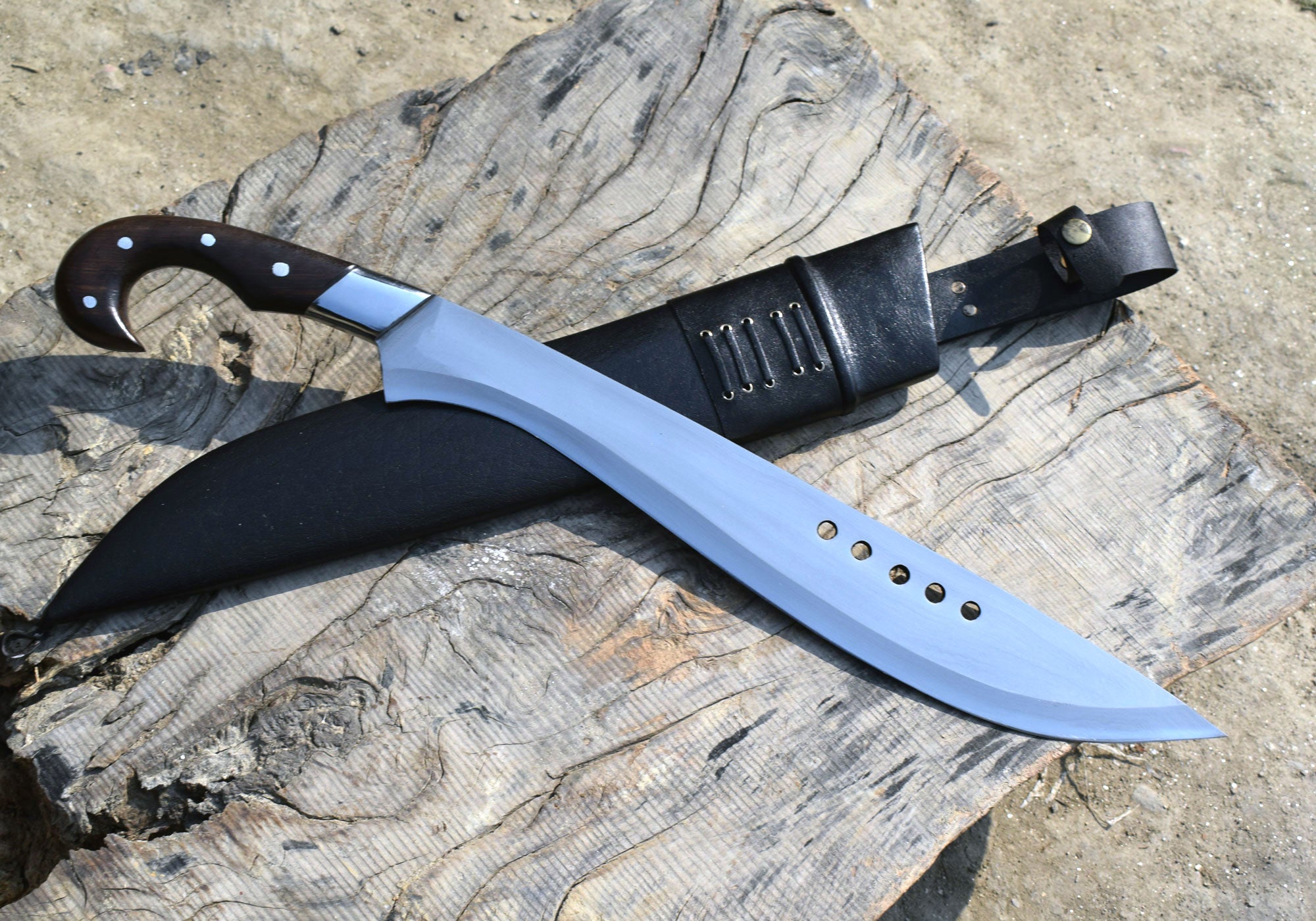 Nepali Kukri Machete black leather sheath detail view