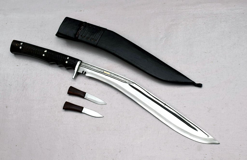 Close-up of 18 inch Sirupate kukri blade made from 5160 high-grade carbon steel, semi-polished finish, heat-treated and tempered – handforged in Nepal