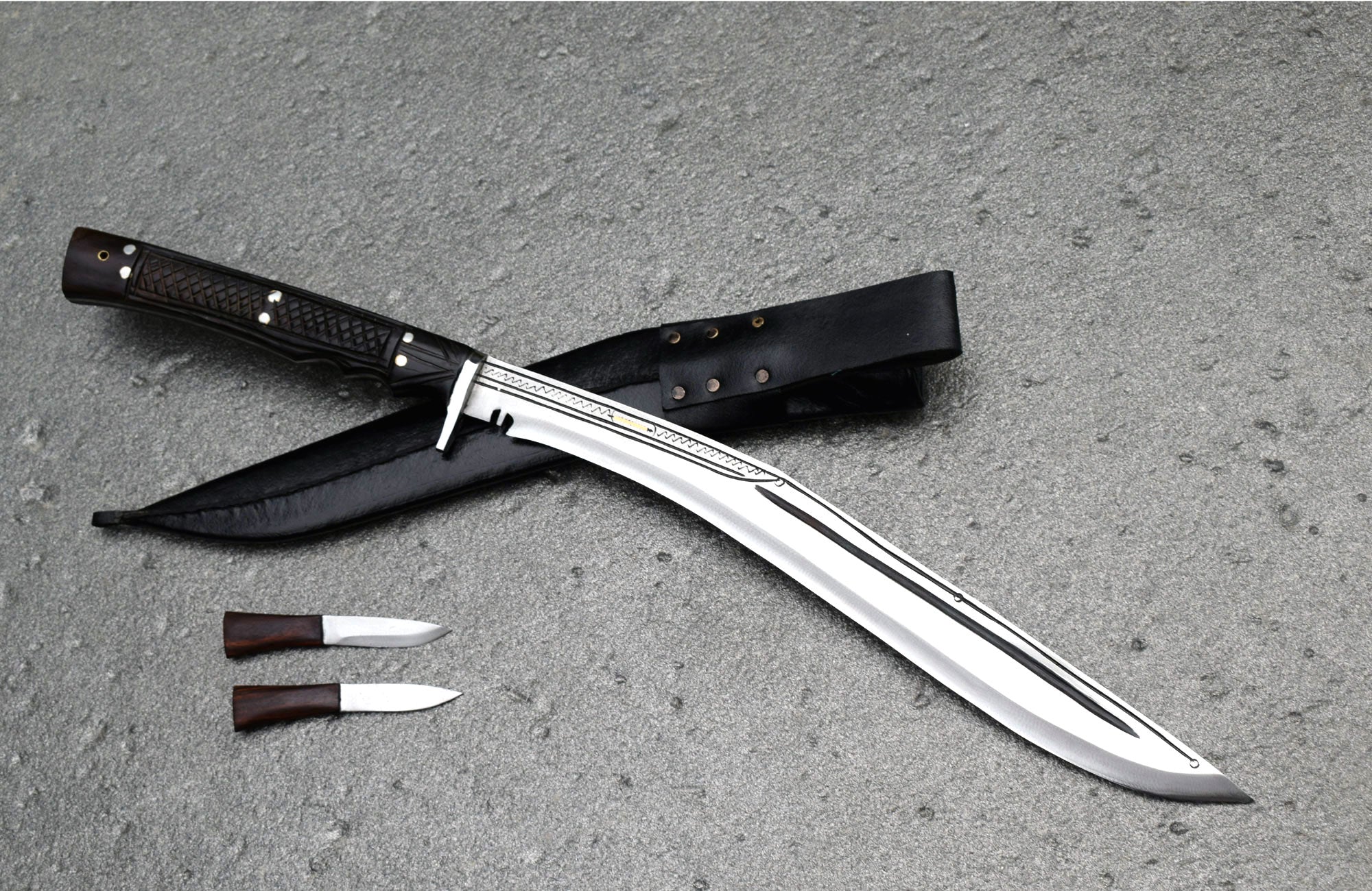 Traditional Nepalese Sirupate kukri set with karda small utility knife and sharpening steel – complete kukri kit by Grace Kukri House Nepal