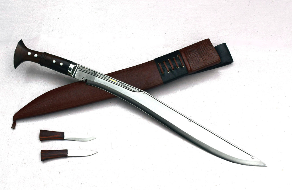 Handmade Nepalese Traditional Kukri Knife – Sirupate Full Tang – 18" Blade – Rosewood Handle – Brown Sheath.