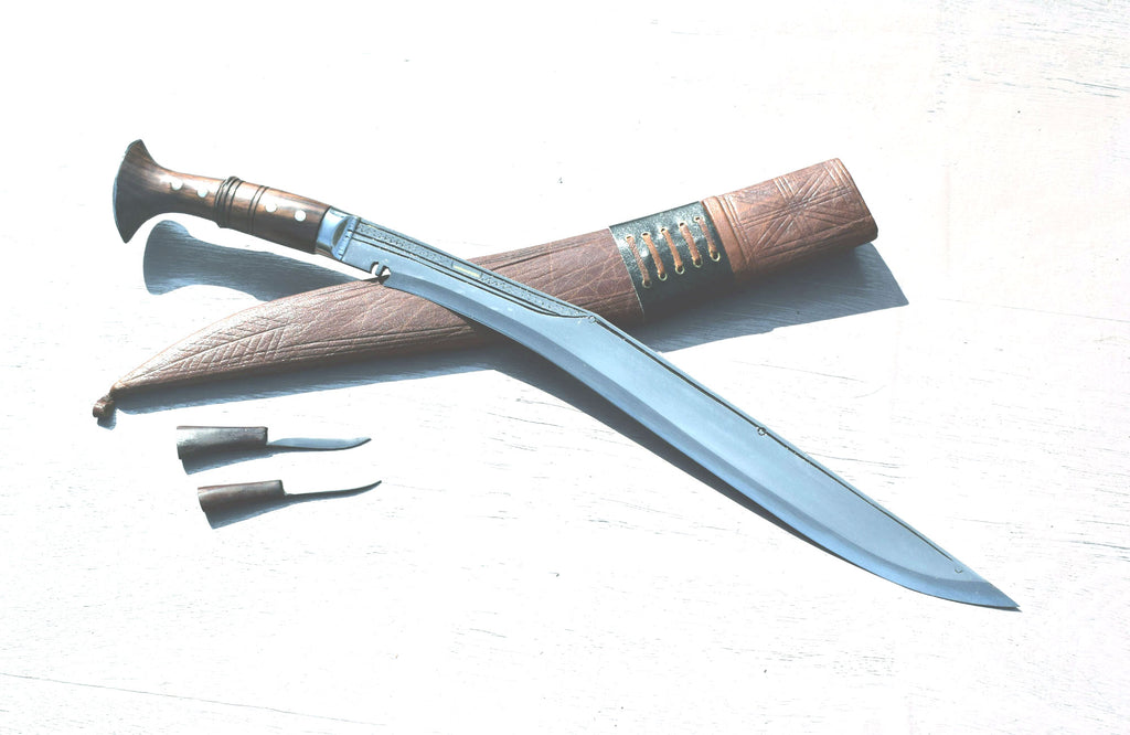 Handmade Nepalese Traditional Kukri Knife – Sirupate Full Tang – 18" Blade – Rosewood Handle – Brown Sheath.