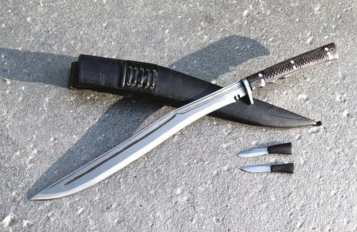 Handmade Nepalese - Traditional Kukri Knife – (Siru Sword) Sirupate Full Tang – 18" Blade – Rosewood Handle – Black Sheath.