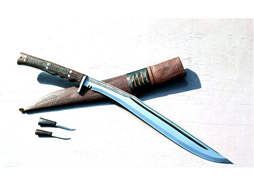 Handmade Nepalese - Traditional Kukri Knife – (Siru Sword) Sirupate Full Tang – 18" Blade – Rosewood Handle – Brown Sheath.