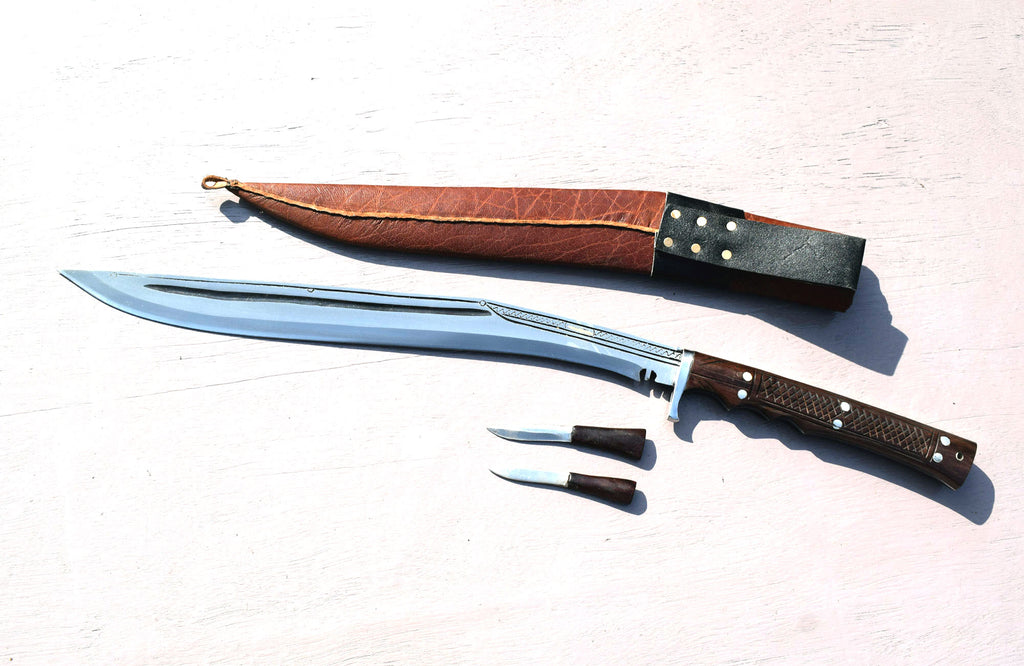 Handmade Nepalese - Traditional Kukri Knife – (Siru Sword) Sirupate Full Tang – 18" Blade – Rosewood Handle – Brown Sheath.