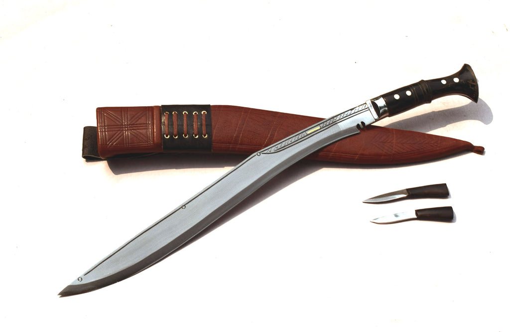 Sirupate kukri knife with brown leather scabbard, karda and chakmak included