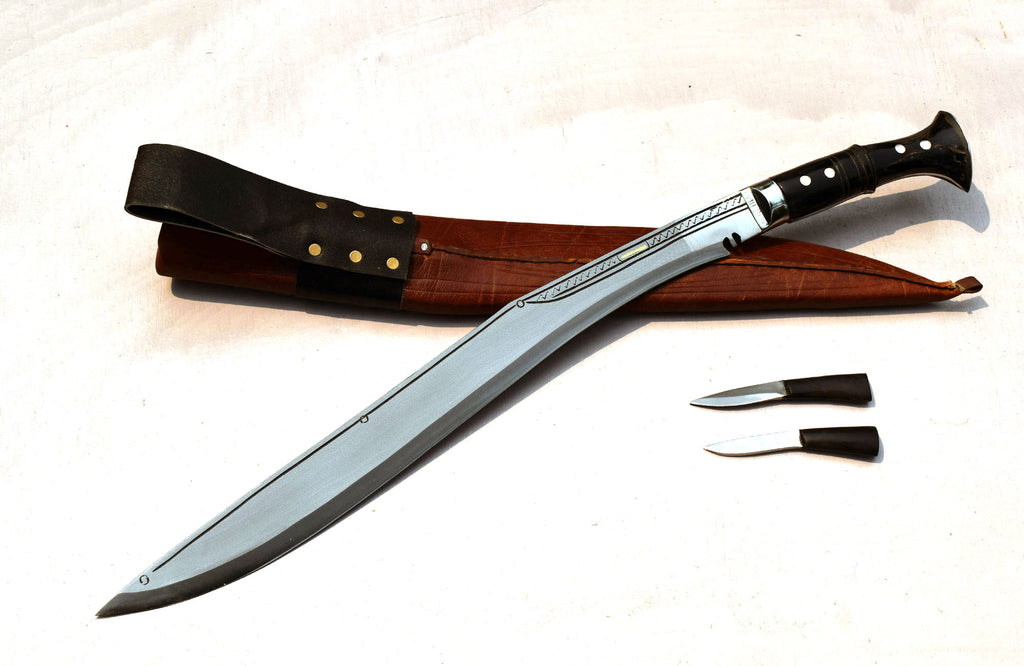 Hand-forged Nepalese Sirupate kukri resting in its brown leather sheath