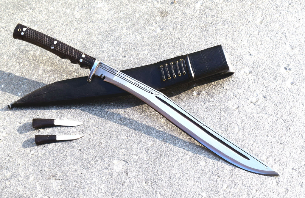Handmade Nepalese - Traditional Kukri Knife – (Siru Sword) Sirupate Full Tang – 18" Blade – Rosewood Handle – Black Sheath.