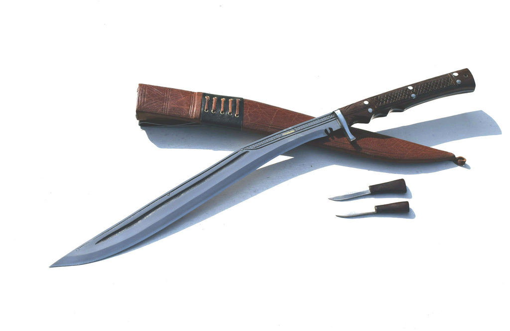 Handmade Nepalese - Traditional Kukri Knife – (Siru Sword) Sirupate Full Tang – 18" Blade – Rosewood Handle – Brown Sheath.