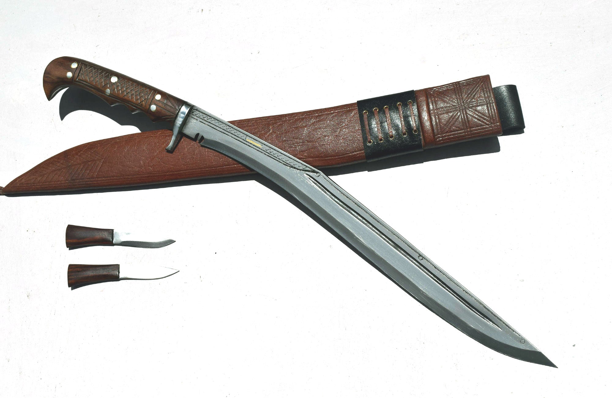 Handmade Nepalese Sirupate Full Tang Kukri 18 inch with 7 inch rosewood handle, brown leather sheath and Karda Chakmak – Grace Kukri House Nepal