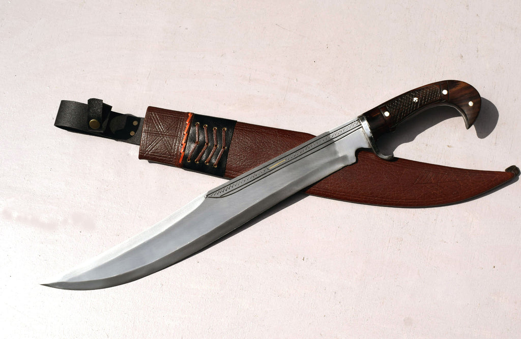 Kukri kopis machete with brown sheath and red lacing detail – cottonwood core scabbard