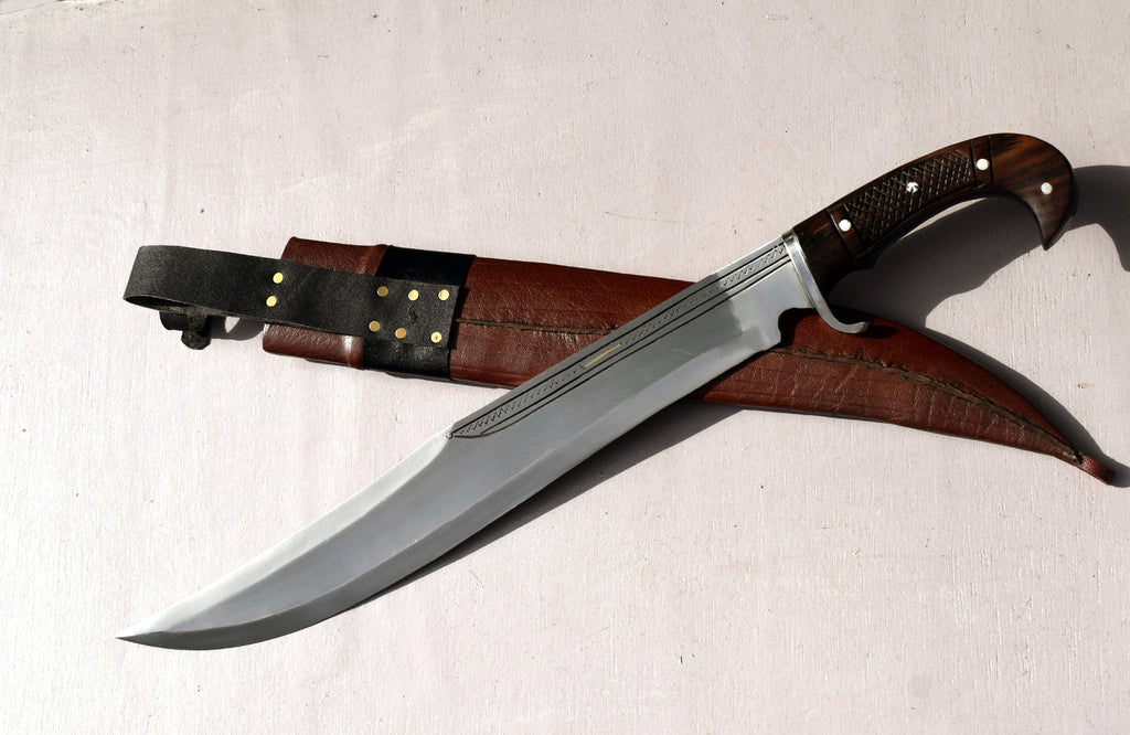 Handmade Nepali kukri kopis machete complete set – knife and brown leather sheath together