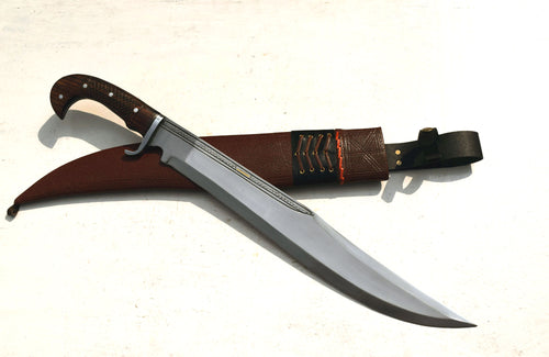 20 inch handmade Nepali kukri kopis machete with full tang rosewood handle and brown leather sheath – front view