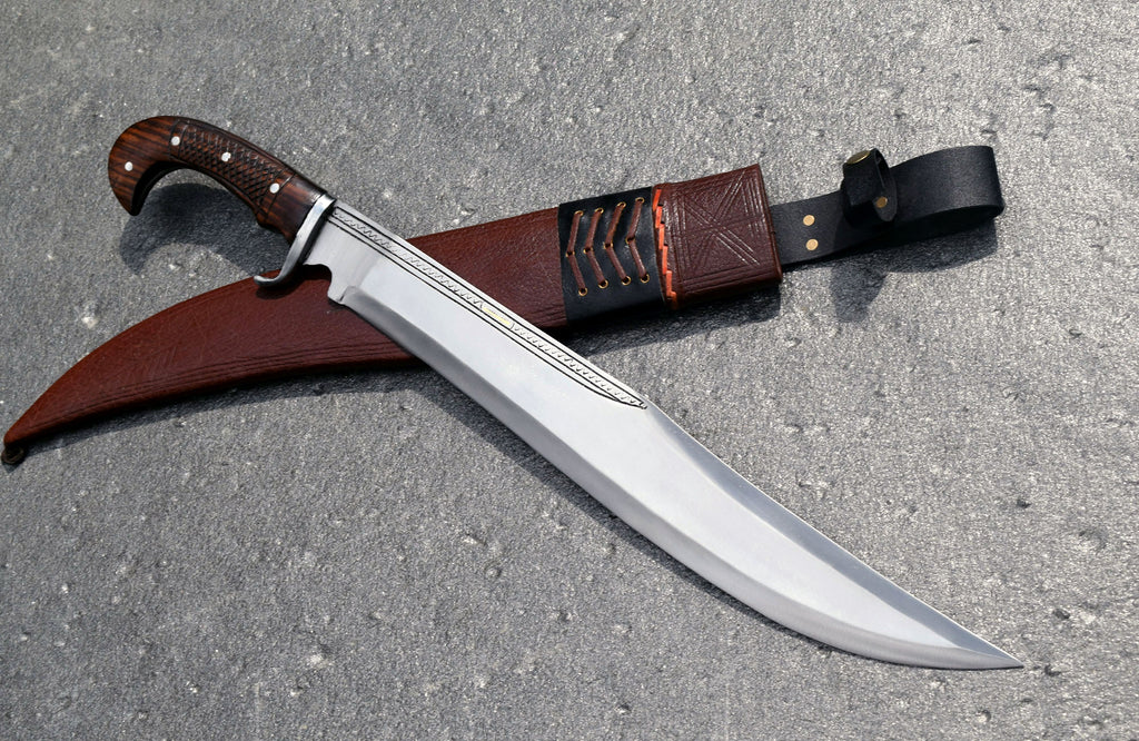 20 inch kukri kopis machete with brown buffalo leather sheath – top view