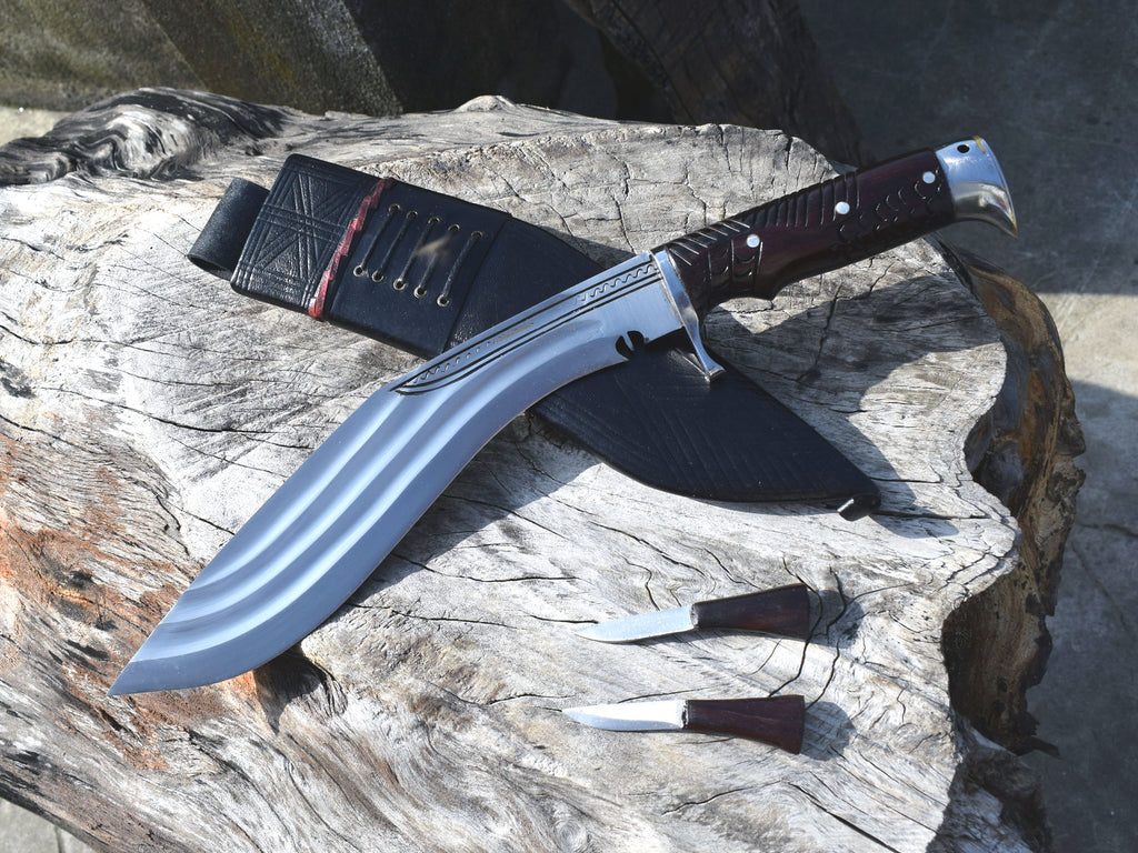 Handmade Nepalese Tinchira Kukri Knife – 12" Full Tang Blade, Rosewood Handle & Black Sheath | Grace Kukri House