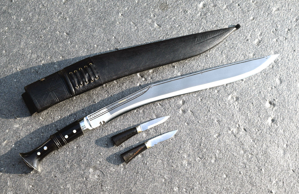 Sirupate Full Tang Kukri disassembled – 18 inch blade, buffalo horn handle, black sheath, Karda and Chakmak