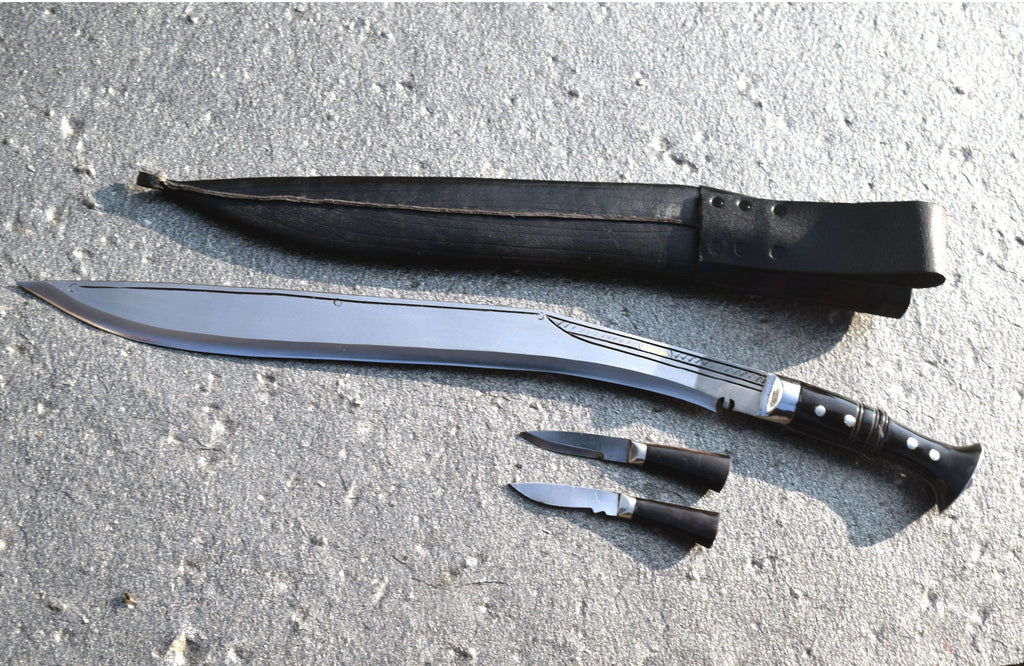 18 inch Sirupate Kukri knife with full tang buffalo horn handle, black leather scabbard and side tools – Nepal